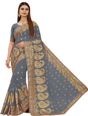 b bella creation Self Design, Embroidered Bollywood Georgette Saree(Grey)