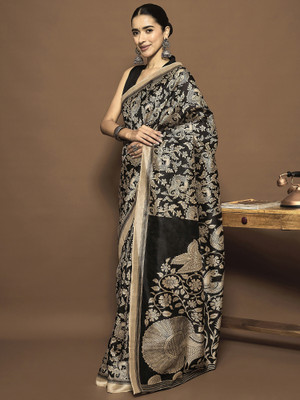 Tasrika Printed Pre Draped Saree Silk Blend Saree(Black)