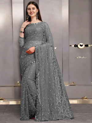 NORAFLEX Embroidered Bollywood Net Saree(Grey)