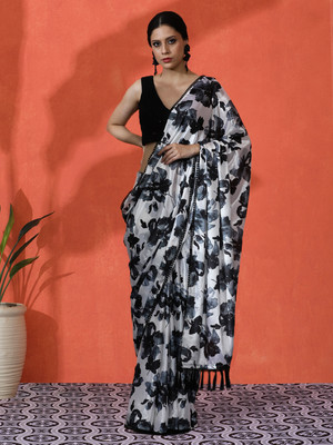 Sangria Printed Daily Wear Satin Saree(Black)