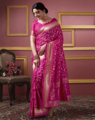 SIRIL Dyed, Self Design, Woven Kanjivaram Art Silk Saree(Pink, Gold)