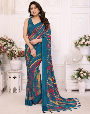 Tasrika Floral Print, Woven, Embellished Daily Wear Chiffon, Georgette Saree(Blue)