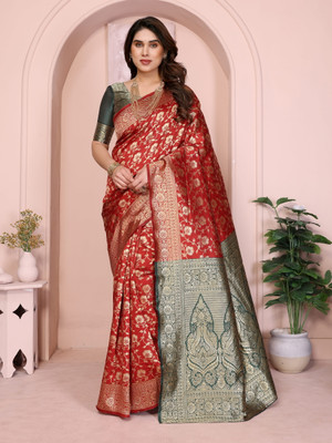 The Style Sanctuary Floral Print, Woven, Embellished Banarasi Silk Blend Saree(Purple)