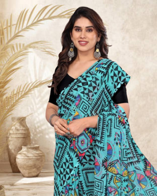 Jayu Floral Print Bollywood Georgette Saree(Light Blue)