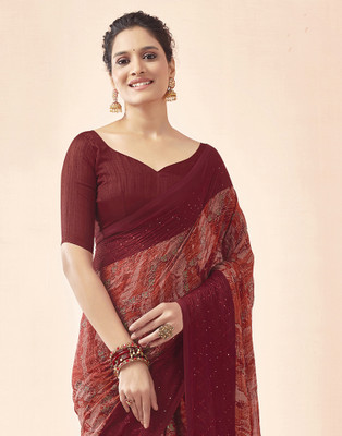 Satrani Printed, Embellished Bollywood Georgette Saree(Maroon, Orange)