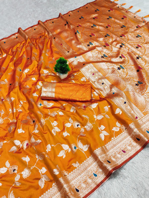 Tasrika Printed Banarasi Cotton Silk Saree(Pack of 2, Orange, Gold)