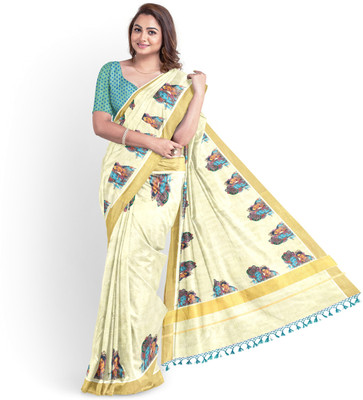 Chithra Fabrics Printed Kasavu Tissue Saree(Beige)