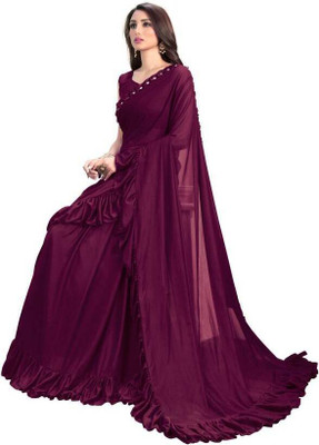 Anugrah Textile Solid/Plain Banarasi Lycra Blend, Chiffon Saree(Purple)