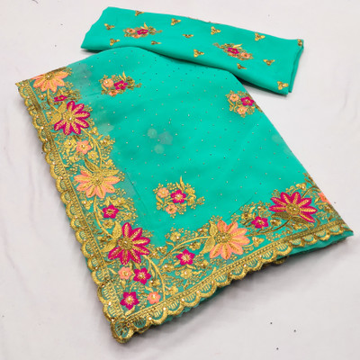 MIYANIFAB Embroidered Bollywood Georgette Saree(Light Blue)