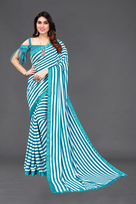 SARETRA MALL Striped Bollywood Georgette Saree(Light Blue)