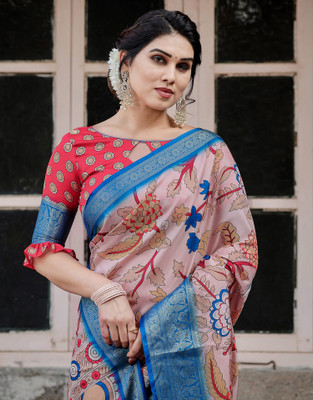 Tasrika Printed, Woven, Embellished Kalamkari Tussar Silk Saree(Beige)