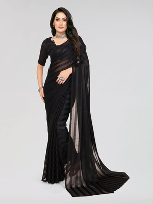 Moda Rapido Striped Daily Wear Satin Saree(Black)