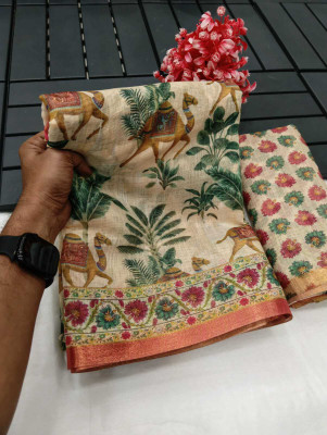 AARAANA Printed Banarasi Pure Silk, Cotton Silk Saree(Cream)