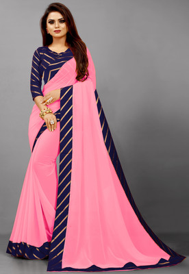 Rashiklal & Co. Solid/Plain Bollywood Georgette Saree(Dark Blue, Pink)