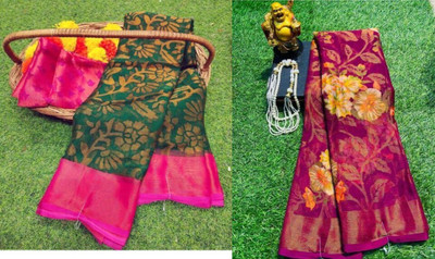 Sitanjali Floral Print Bollywood Brasso Saree(Pack of 2, Multicolor)