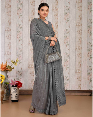 Vraggi Embellished Bollywood Lycra Blend Saree(Grey)
