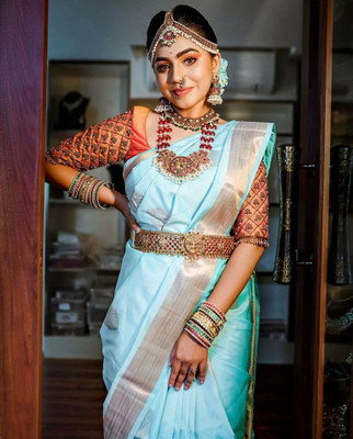 pavanputra fab Woven Banarasi Jacquard Saree(Light Blue)