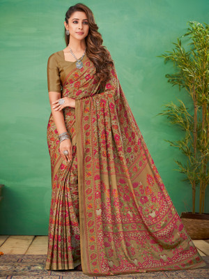 Divastri Printed Kalamkari Crepe Saree(Beige)