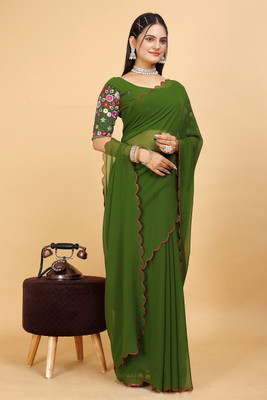 Zenophily Solid/Plain Bollywood Georgette Saree(Green)