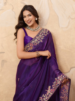 sareya veela Embroidered, Floral Print, Embellished Bollywood Chiffon Saree(Purple)