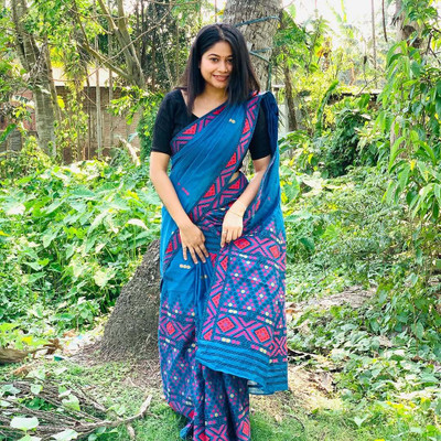 S P CREATION Woven Mekhela Chador Cotton Blend Saree(Blue)