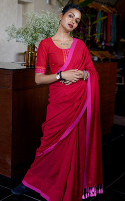 Suta Self Design Handloom Pure Cotton Saree(Red)