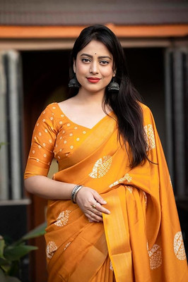 HouseOfCommon Printed Bollywood Cotton Linen Saree(Yellow)