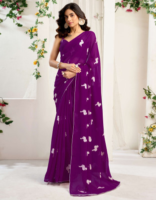 all about you Solid/Plain, Embroidered Bollywood Georgette Saree(Purple)