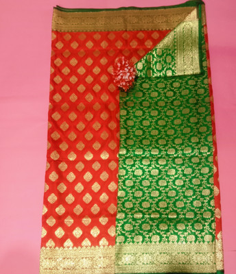 Maa durga saree center Woven, Floral Print Banarasi Cotton Silk Saree(Red, Green)