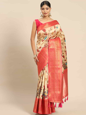 Tasrika Printed Kanjivaram Art Silk Saree(Beige)
