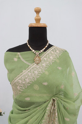 MIYANIFAB Embroidered Bollywood Organza Saree(Light Green)