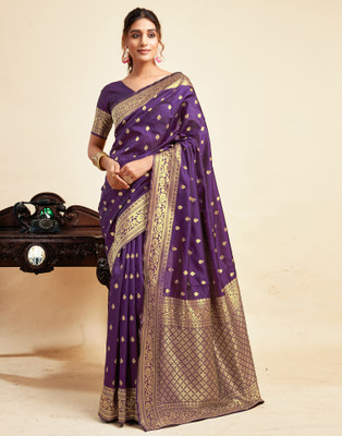 Samah Woven, Embellished Banarasi Silk Blend, Jacquard Saree(Purple)