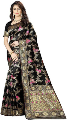FENAL Woven Banarasi Jacquard Saree(Black)