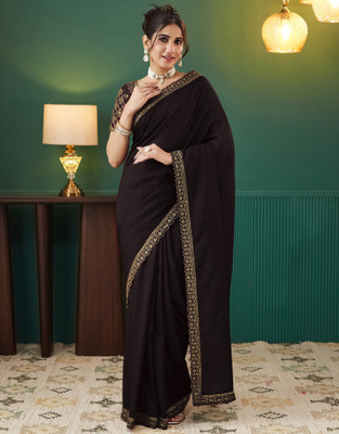Samah Embroidered, Embellished Bollywood Silk Blend Saree(Brown)