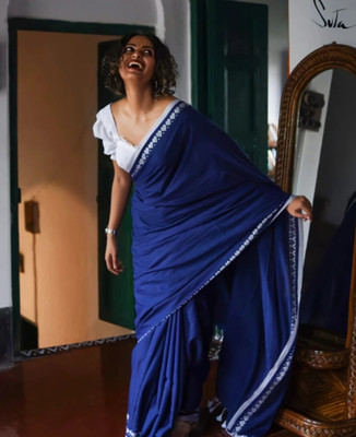 SMRITI HANDLOOM Self Design Handloom Cotton Blend Saree(Blue)