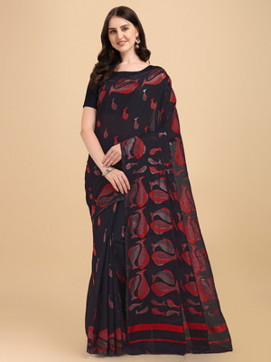 sareesy Self Design, Woven Jamdani Linen Saree(Black)