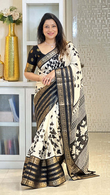 Nirvaan Digital Print Chanderi Silk Blend Saree(White)