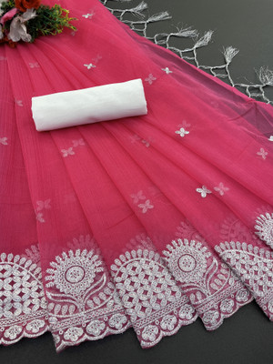 ChamundaTrends Embroidered, Floral Print Bollywood Cotton Silk Saree(Pink)