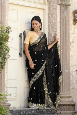 PRETTYAGE Solid/Plain, Embroidered Bollywood Georgette, Silk Blend Saree(Black)
