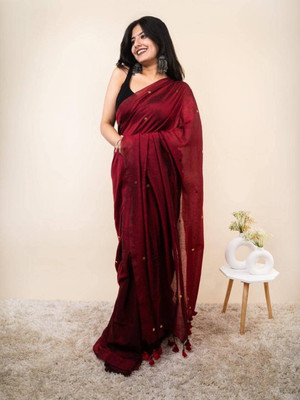 Amita Collections Embellished Handloom Pure Cotton Saree(Maroon)