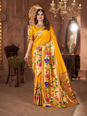 Pandadi Saree Printed Paithani Cotton Silk Saree(Yellow)