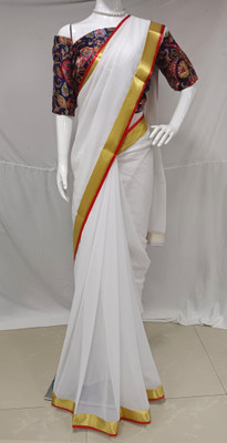 Sareez House Solid/Plain, Embellished Bollywood Georgette Saree(White)