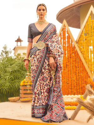 ANOUK Printed Patola Silk Blend Saree(Cream)