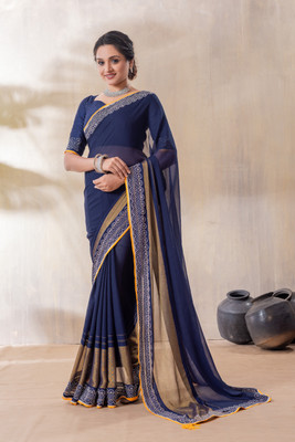 HouseOfCommon Solid/Plain, Self Design, Embellished, Dyed Bollywood Georgette Saree(Blue)