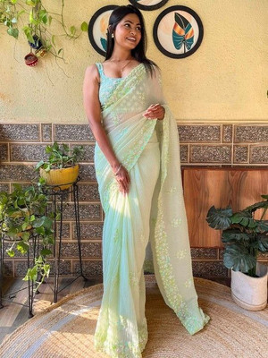 DDesigner Self Design, Embroidered, Embellished, Floral Print Bollywood Georgette Saree(Blue)