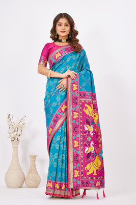 Heirlooms Woven, Floral Print, Self Design, Temple Border Paithani Pure Silk Saree(Purple)