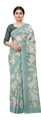 RaSaTrend Floral Print, Printed Daily Wear Cotton Blend Saree(Light Green, Beige)