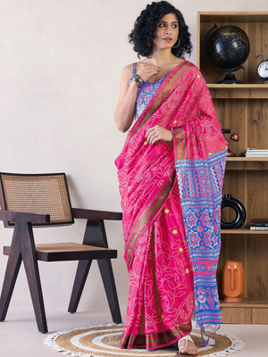 Anouk Rustic Printed Pre Draped Saree Cotton Blend Saree(Pink)
