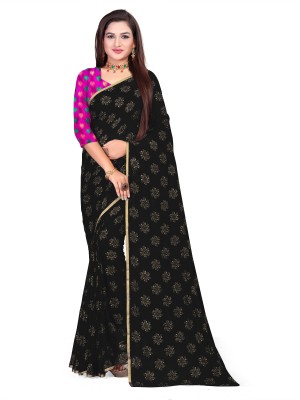 Aardiva Printed Daily Wear Cotton Blend Saree(Black)