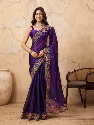 SARETRA MALL Embroidered, Embellished, Floral Print Bollywood Tissue, Organza Saree(Purple)